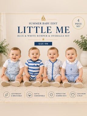 Little Me Baby Boys Blue and White Romper and Overalls Set